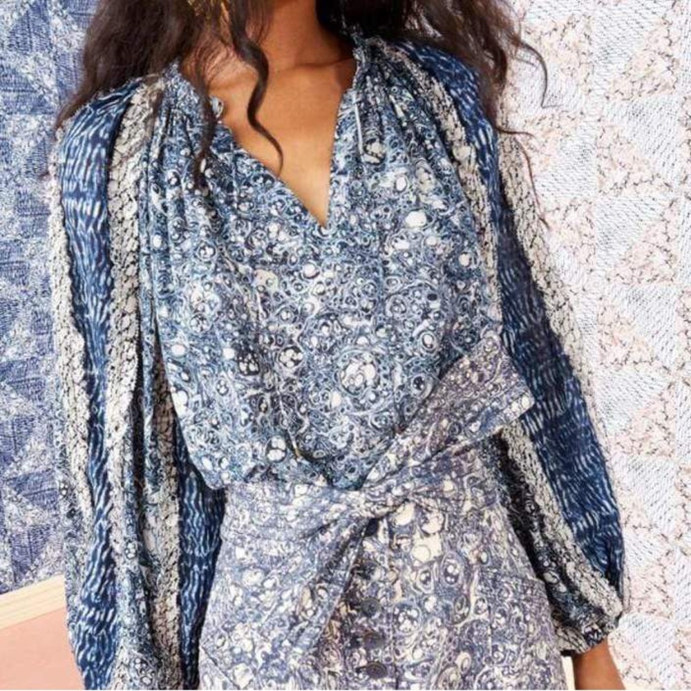 Ulla Johnson Kana Blouse Indigo Peasant Top Ruffle Balloon Sleeves Size 6